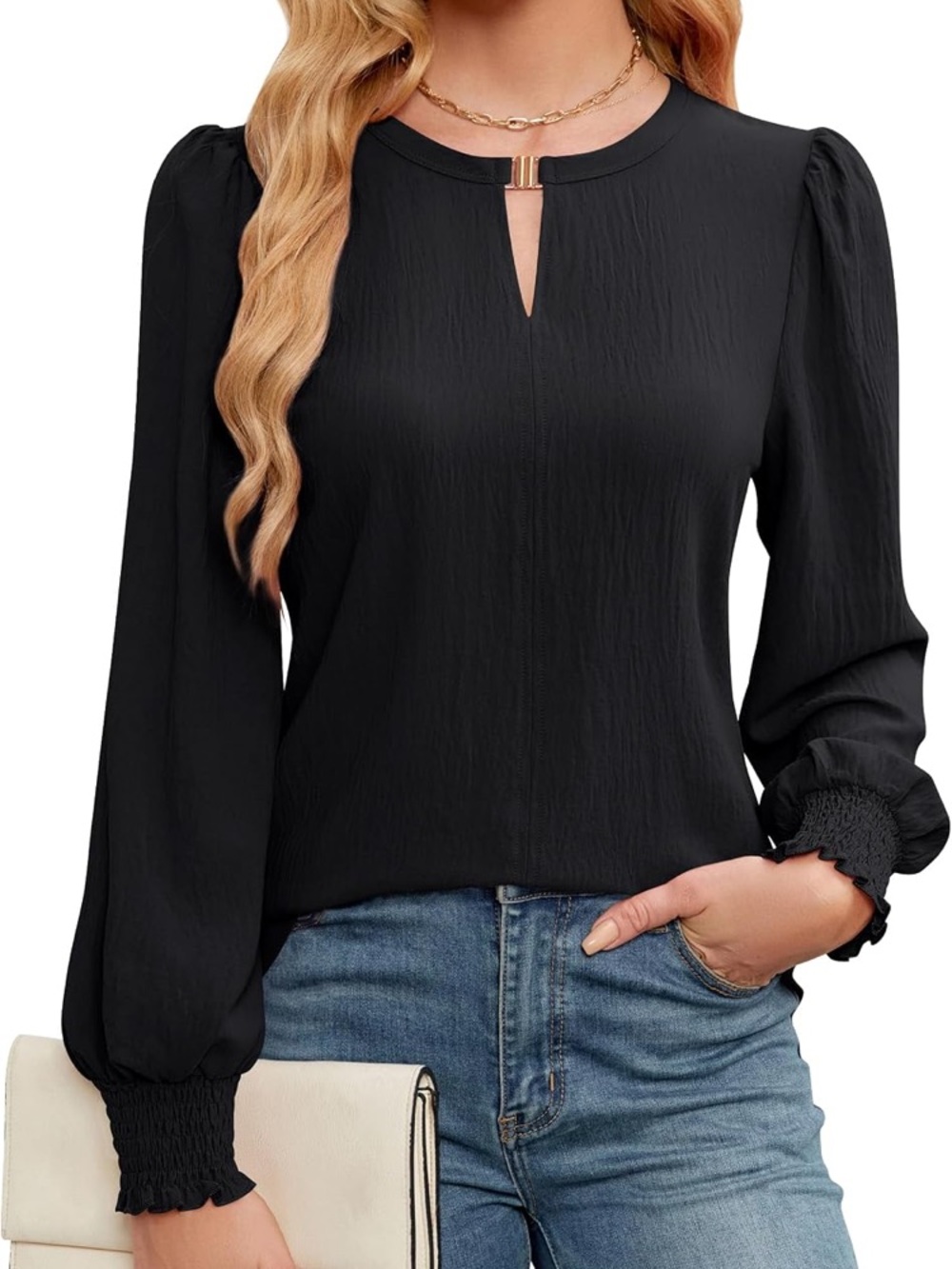 Blooming Jelly Black Textured Keyhole Blouse Women's Size Large L Long Sleeve